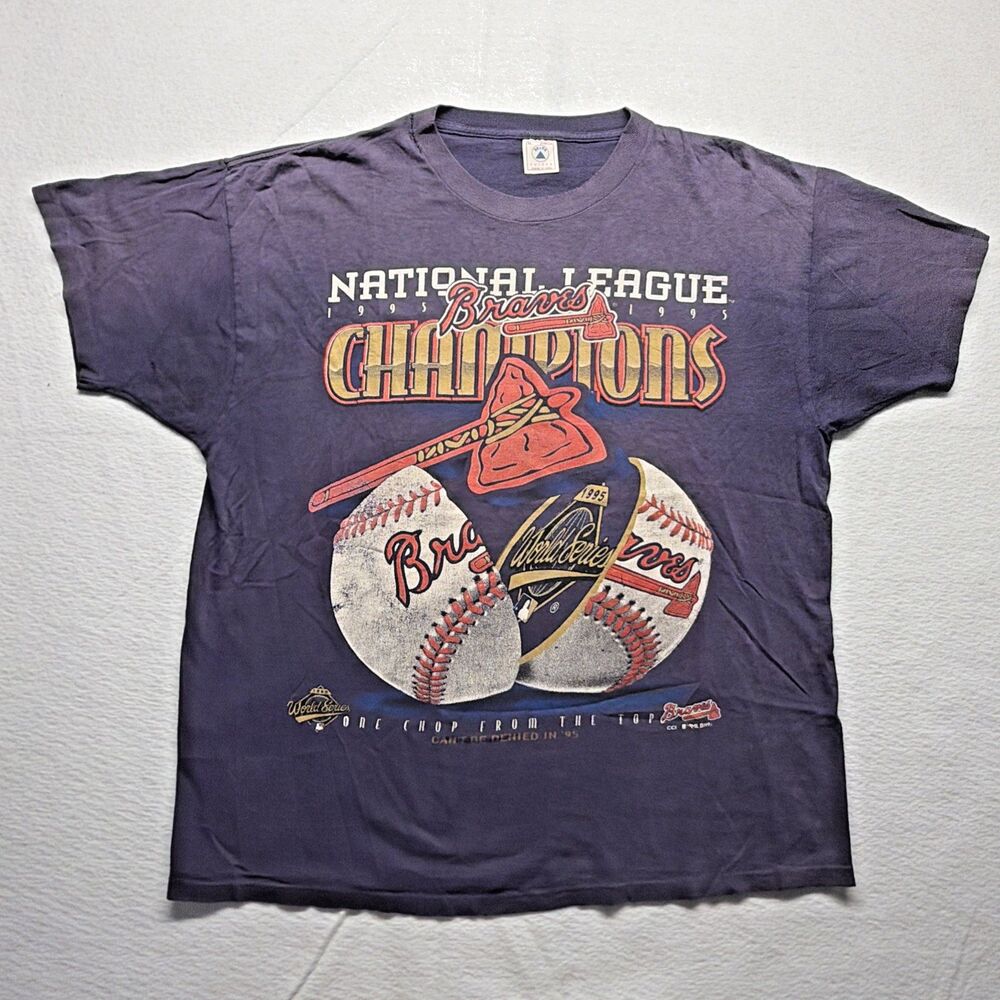Vintage 90s Delta Atlanta Braves 1995 World Series Split Ball Blue T-Shirt - XL